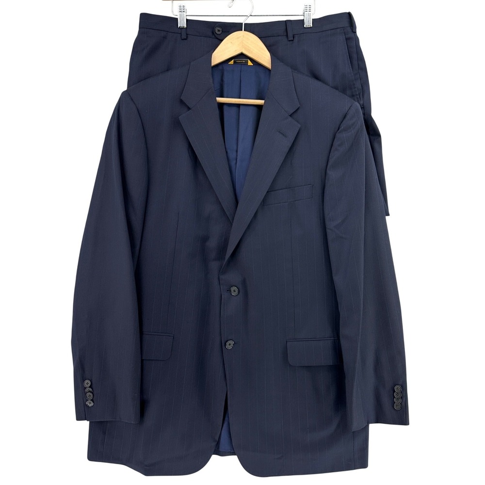 VTG 90s Hickey Freeman Traveler Suit Mens 44L Navy Blue Pinstripe Wool USA